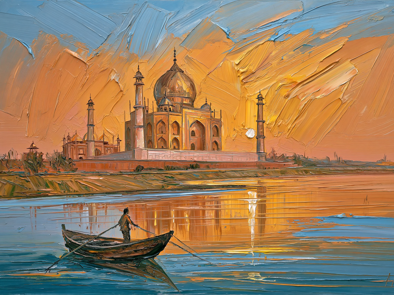 Palette-knife oil painting of the Taj Mahal in silhouette against a burning orange sky, seen from a wooden boat on the Yamuna at dusk