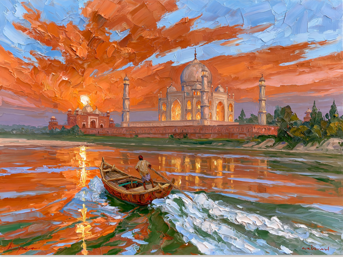 Palette-knife oil painting of the Taj Mahal in silhouette against a burning orange sky, seen from a wooden boat on the Yamuna at dusk