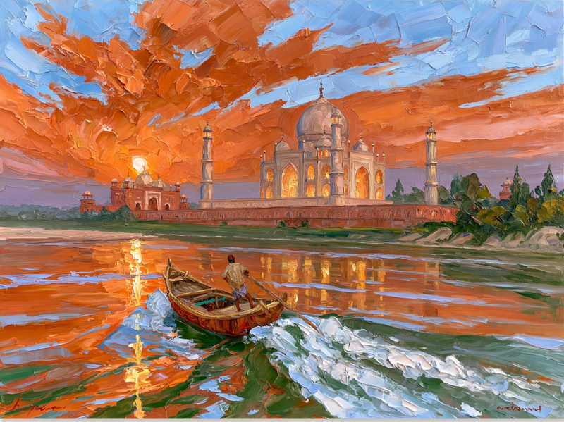 Palette-knife oil painting of the Taj Mahal in silhouette against a burning orange sky, seen from a wooden boat on the Yamuna at dusk