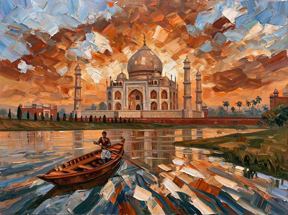 Palette-knife oil painting of the Taj Mahal in silhouette against a burning orange sky, seen from a wooden boat on the Yamuna at dusk