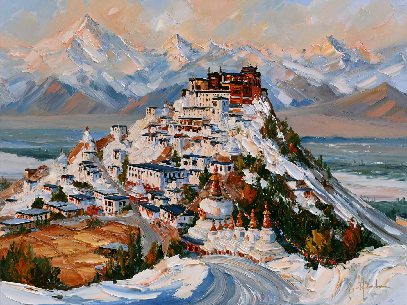 Palette-knife oil painting of Thiksey monastery in Ladakh at sunrise, whitewashed tiers climbing the hill with snow peaks behind