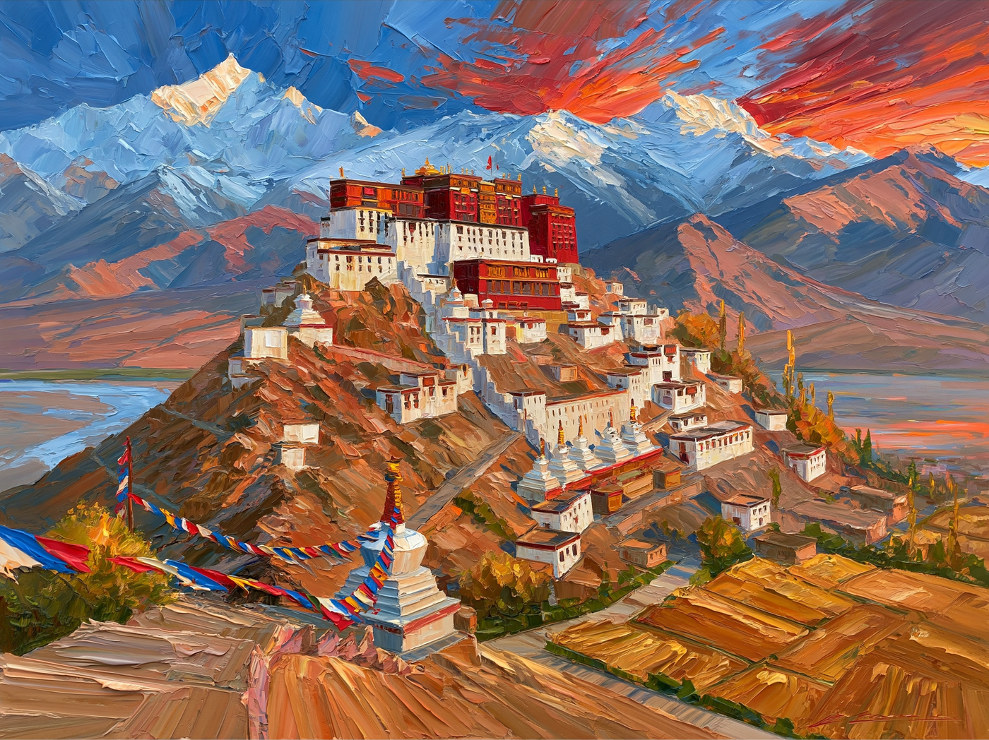 Palette-knife oil painting of Thiksey monastery in Ladakh at sunrise, whitewashed tiers climbing the hill with snow peaks behind