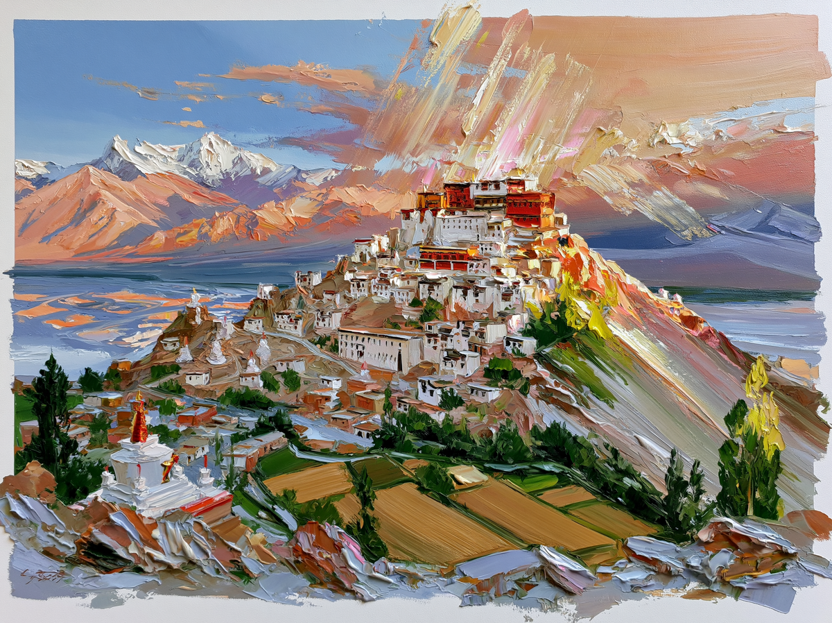 Palette-knife oil painting of Thiksey monastery in Ladakh at sunrise, whitewashed tiers climbing the hill with snow peaks behind