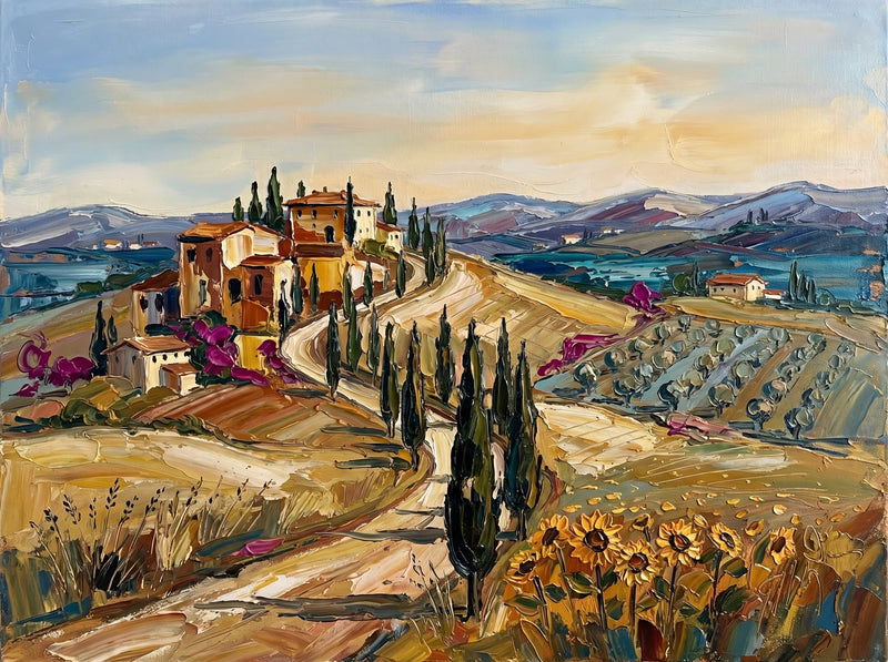 Palette-knife oil painting of the Tuscan countryside, an ochre hilltop farmhouse with dark cypress, a winding dirt road, olive rows and a foreground band of sunflowers