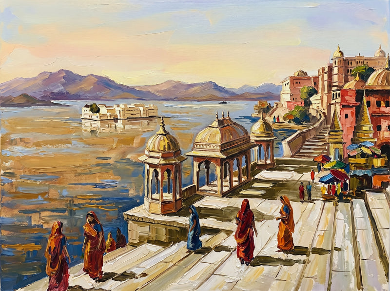 Palette-knife oil painting of Gangaur Ghat Udaipur, women in red and saffron saris on white marble steps with the terracotta City Palace, white island palaces and mauve hills across Lake Pichola