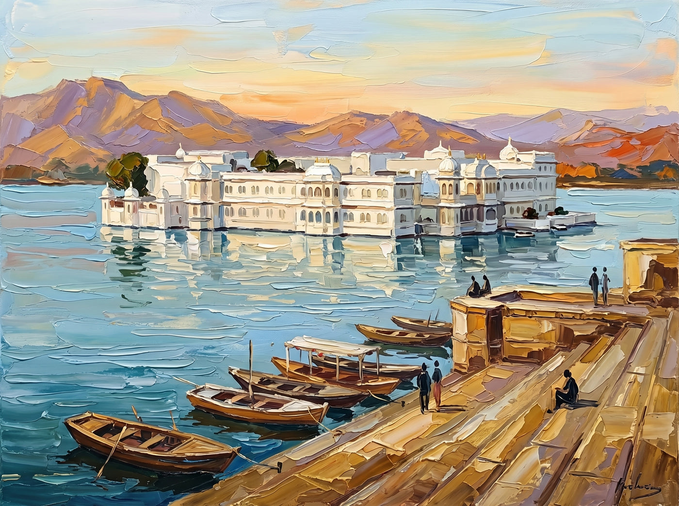 Palette-knife oil painting of Udaipur's Lake Palace, the white marble palace floating on a calm Lake Pichola with moored boats at a sandstone ghat and Aravalli hills behind