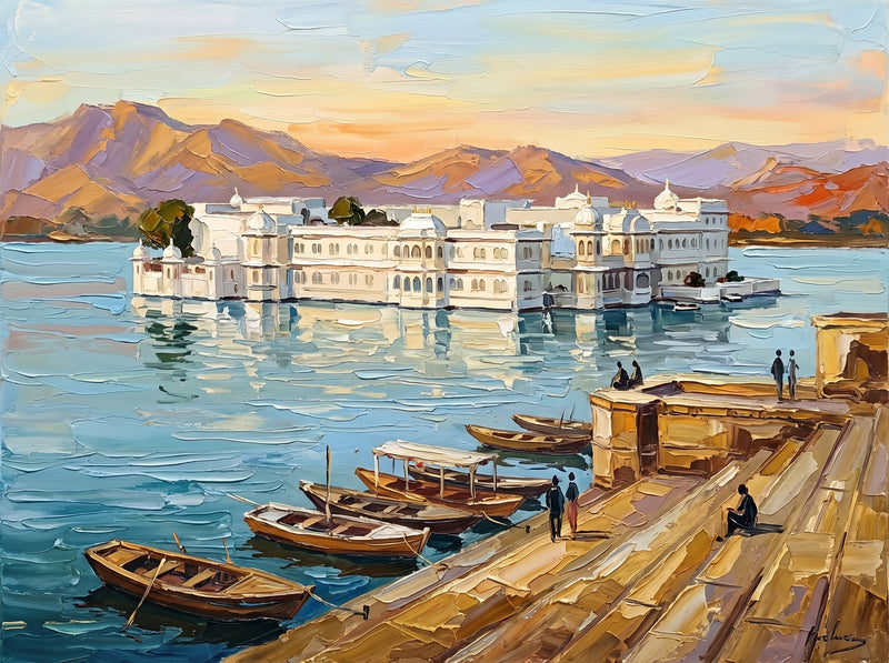 Palette-knife oil painting of Udaipur's Lake Palace, the white marble palace floating on a calm Lake Pichola with moored boats at a sandstone ghat and Aravalli hills behind