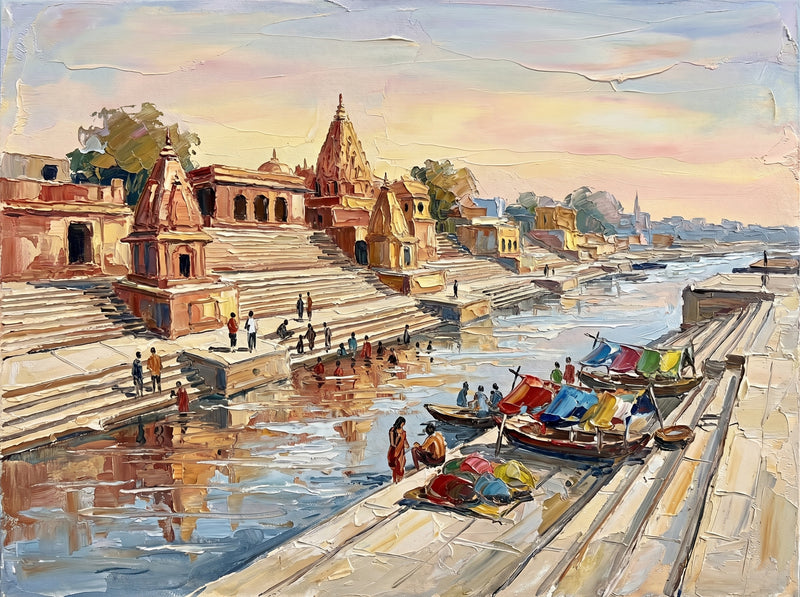 Palette-knife oil painting of the Shipra river ghats at Ujjain, sandstone temples and a tall shikhara over stepped banks with bathers and pink and cobalt covered boats under a lemon-cream dawn sky