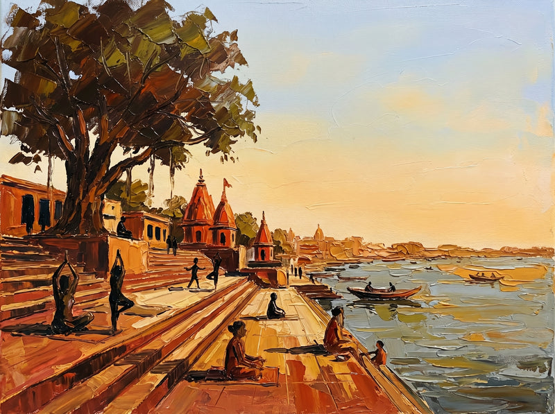 Palette-knife oil painting of Assi Ghat Varanasi at sunrise, figures in yoga poses on terracotta steps below a banyan with red temple spires and a golden Ganga
