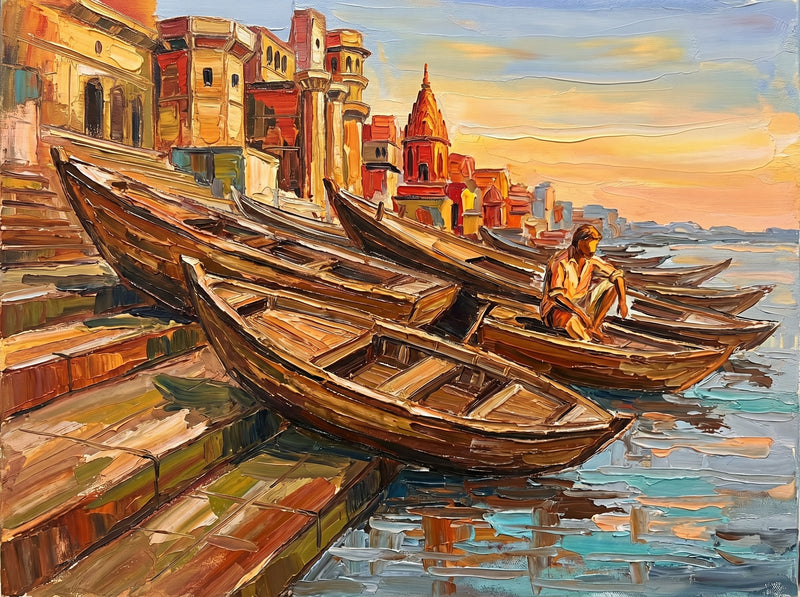 Palette-knife oil painting of wooden boats clustered at a Varanasi ghat at sunset, a lone boatman resting, rust-red temple and city skyline behind on the Ganga