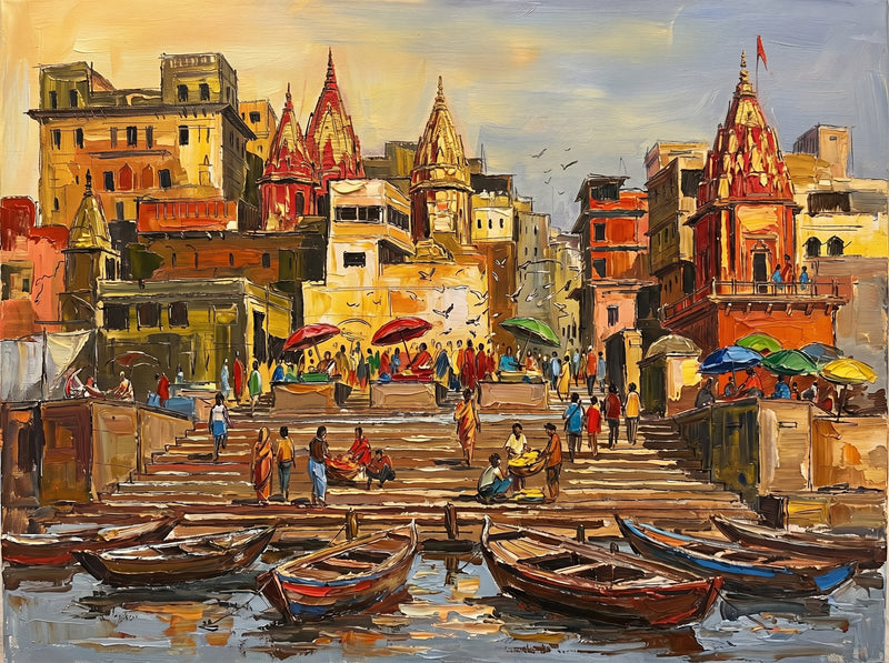 Palette-knife oil painting of Dashashwamedh Ghat Varanasi, crowds and coloured priests' umbrellas on sandstone steps with temple spires and rust and cobalt boats on the Ganga