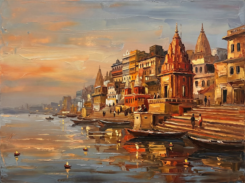 Palette-knife oil painting of Varanasi ghats at dusk, a tall terracotta temple tower over pale houses and floating diyas freckling a calm grey Ganga under a rose sky