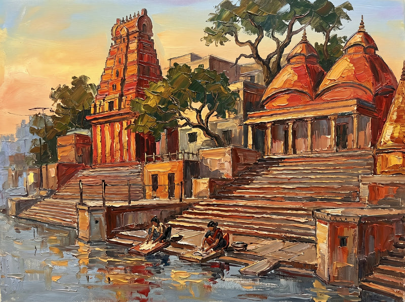 Palette-knife oil painting of Kedar Ghat Varanasi, a striped South-Indian gopuram beside red beehive shikharas with worn stone steps and figures washing at the water
