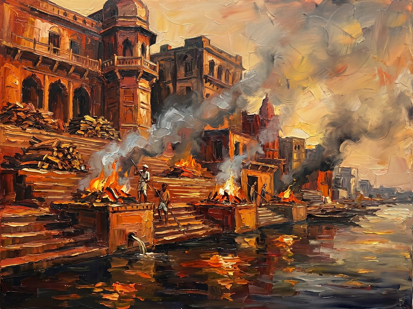 Palette-knife oil painting of Manikarnika Ghat Varanasi at night, cremation pyres burning orange at the river edge with grey smoke over old palaces and fire reflected in dark water