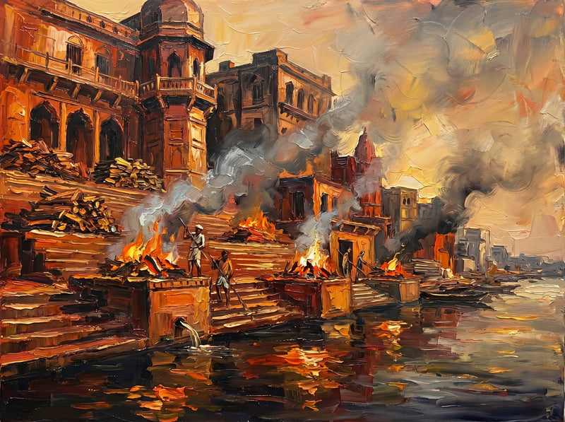 Palette-knife oil painting of Manikarnika Ghat Varanasi at night, cremation pyres burning orange at the river edge with grey smoke over old palaces and fire reflected in dark water