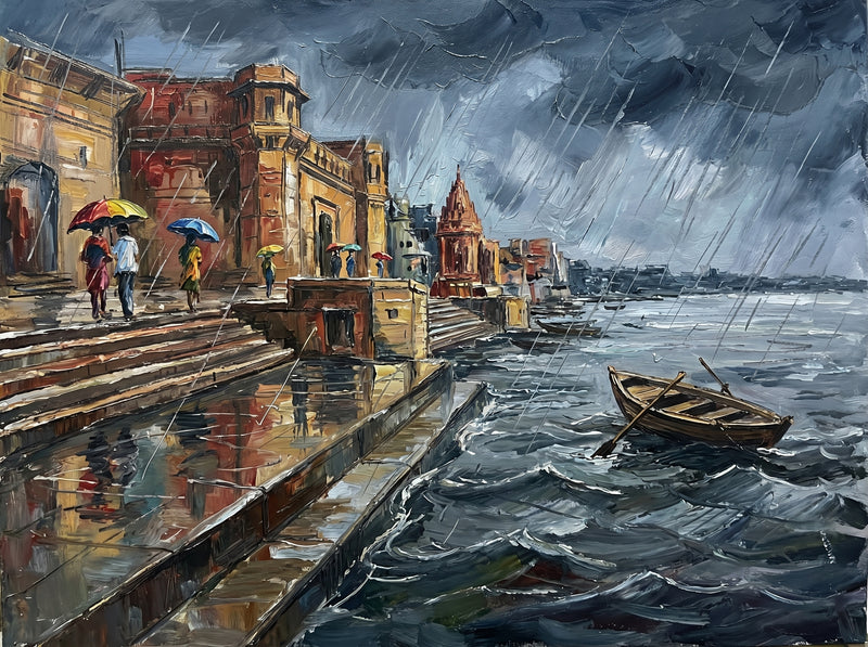Palette-knife oil painting of Varanasi ghats in monsoon rain, coloured umbrellas on wet steps under a stormy slate sky with an empty boat on a choppy teal Ganga