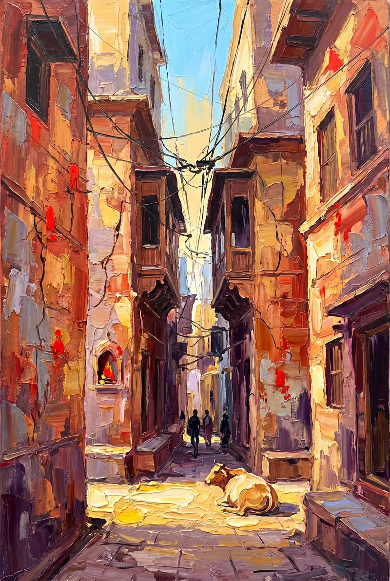 Tall palette-knife oil of a narrow Varanasi lane, ochre houses leaning in, overhead wires, two figures walking, a cow resting in a shaft of morning sun on stone paving.