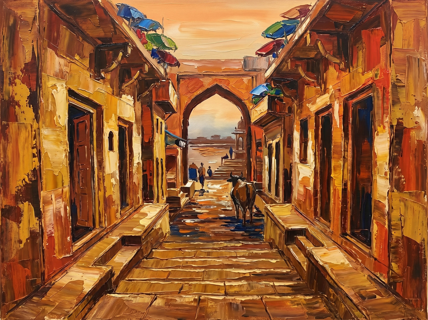 Palette-knife oil painting of a narrow Varanasi lane in golden light, a cow standing on the flagstones and an arched gate opening onto the Ganga at the end