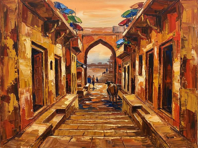 Palette-knife oil painting of a narrow Varanasi lane in golden light, a cow standing on the flagstones and an arched gate opening onto the Ganga at the end