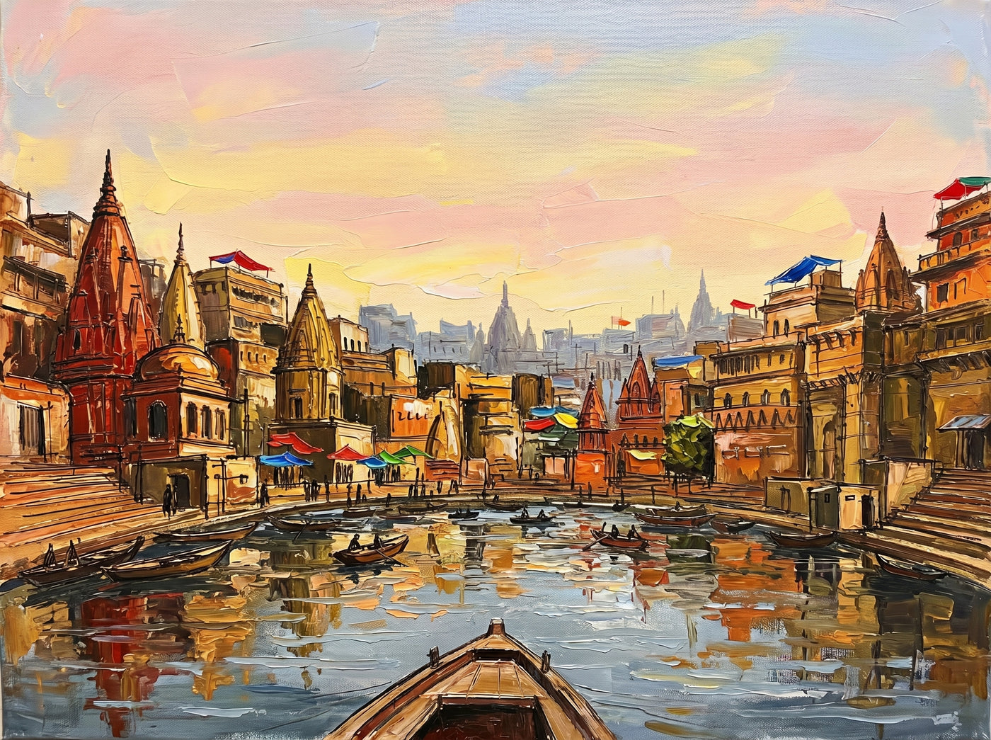 Palette-knife oil painting of the Varanasi ghats seen from a boat prow, a wide sweep of temple spires and coloured umbrellas under a soft peach sunrise mirrored in the calm Ganga