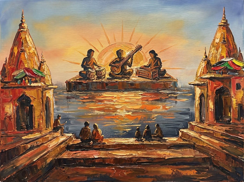 Palette-knife oil painting of Subah-e-Banaras, three musicians with tabla and sitar on a river platform against a rising sun, framed by two terracotta temples with listeners on the steps