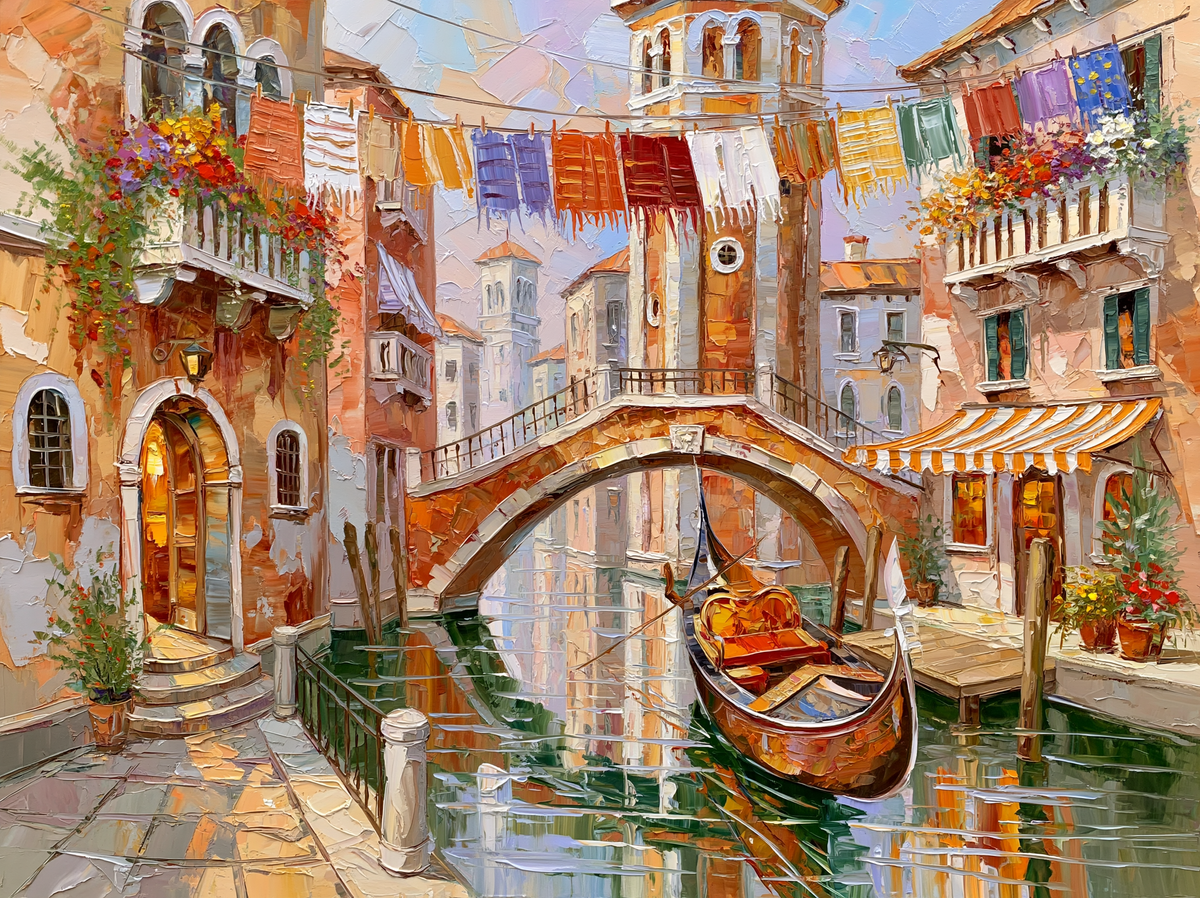 Palette-knife oil painting of a quiet Venice back canal in late afternoon, ochre and rose plaster walls with a gondola under a low bridge