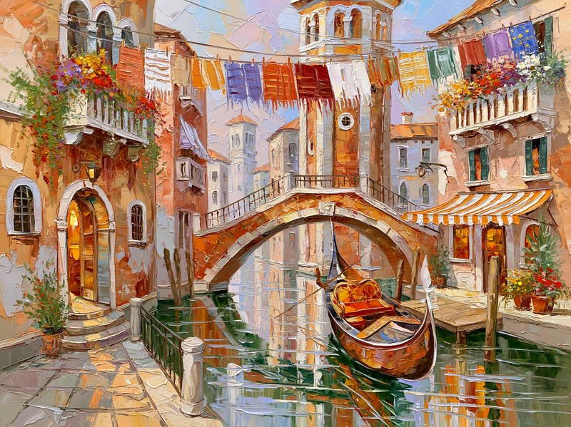 Palette-knife oil painting of a quiet Venice back canal in late afternoon, ochre and rose plaster walls with a gondola under a low bridge