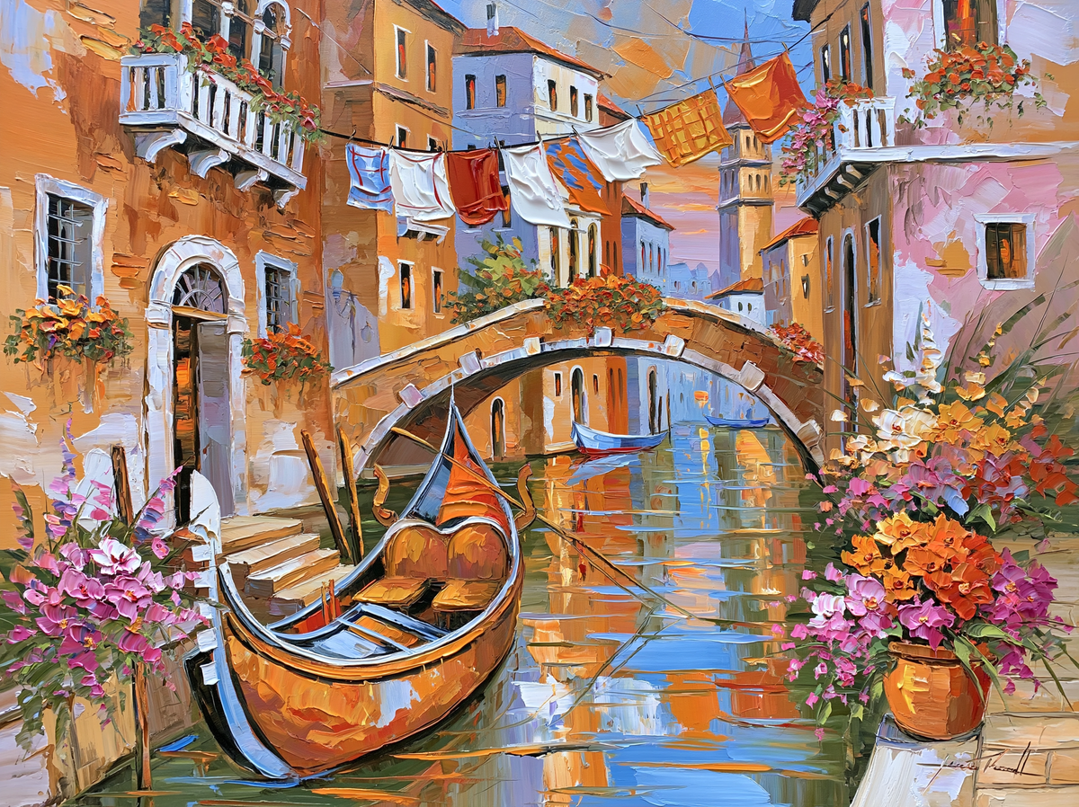 Palette-knife oil painting of a quiet Venice back canal in late afternoon, ochre and rose plaster walls with a gondola under a low bridge