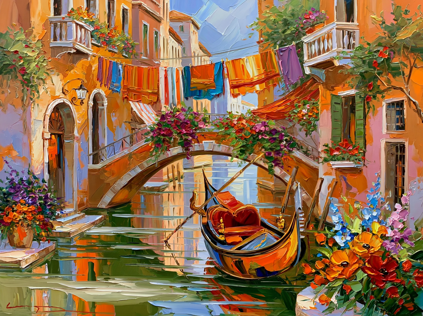 Palette-knife oil painting of a quiet Venice back canal in late afternoon, ochre and rose plaster walls with a gondola under a low bridge