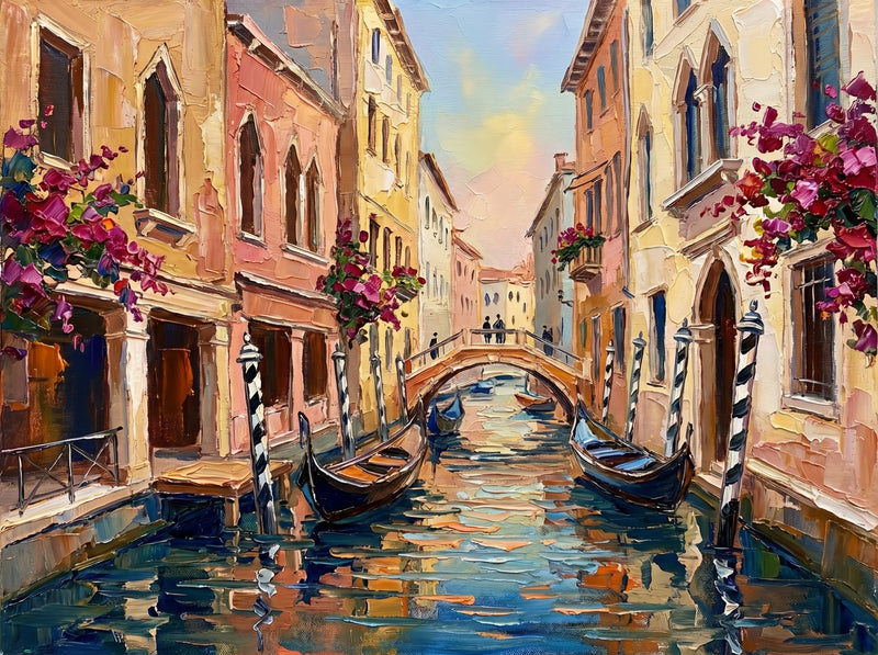 Palette-knife oil painting of a narrow Venice side canal, two moored gondolas between ochre palazzi with a small arched bridge and magenta flower boxes over green water