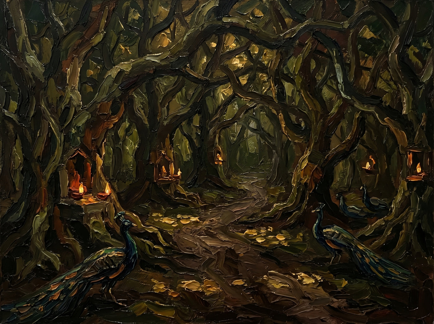Palette-knife oil painting of Nidhivan in Vrindavan at night, gnarled intertwined trees over a winding path strewn with gold leaves, glowing oil lamps and shrines, and two peacocks in the dark grove