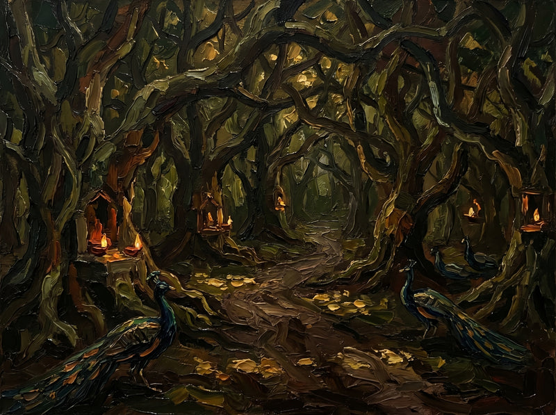 Palette-knife oil painting of Nidhivan in Vrindavan at night, gnarled intertwined trees over a winding path strewn with gold leaves, glowing oil lamps and shrines, and two peacocks in the dark grove