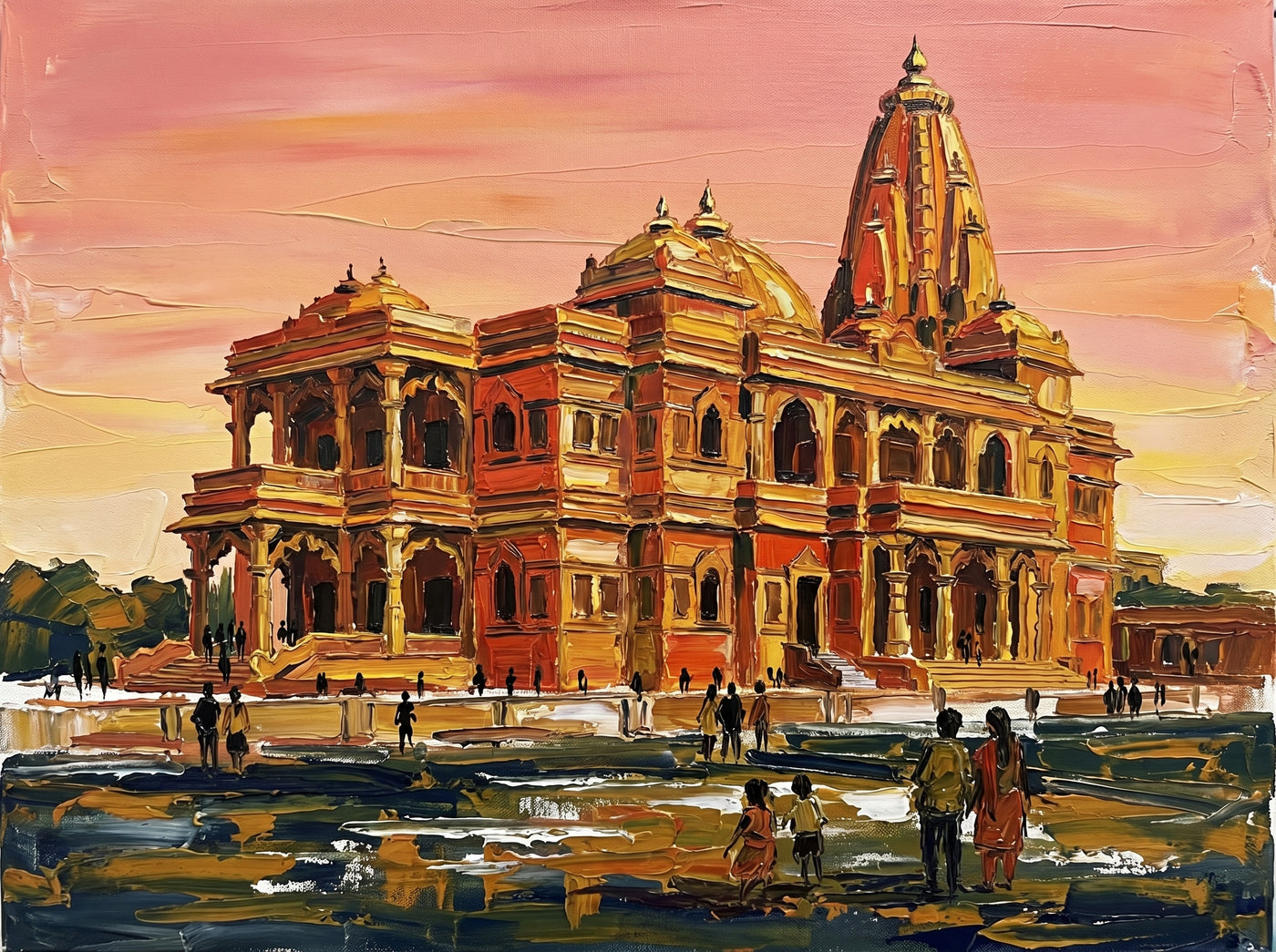 Palette-knife oil painting of Prem Mandir Vrindavan at dusk, the carved tiered temple glowing honey gold against a coral sky with silhouetted visitors and a small family in the foreground