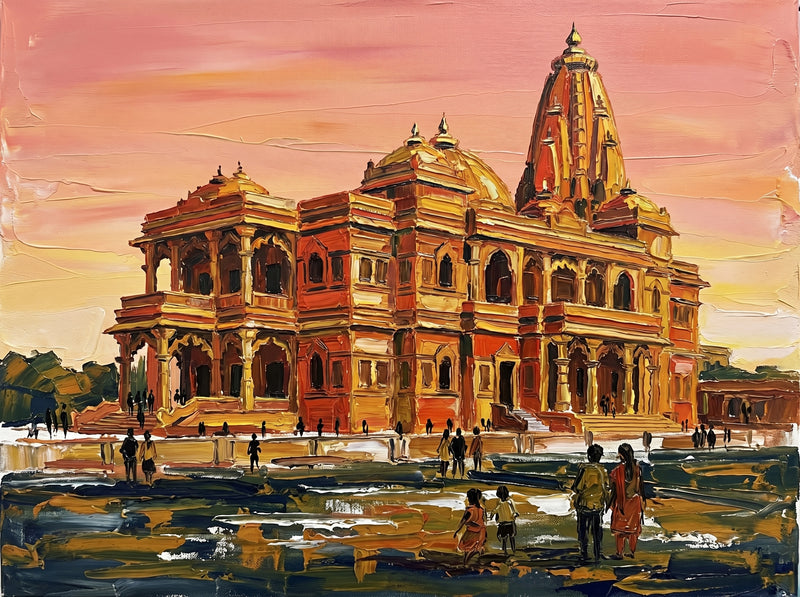Palette-knife oil painting of Prem Mandir Vrindavan at dusk, the carved tiered temple glowing honey gold against a coral sky with silhouetted visitors and a small family in the foreground