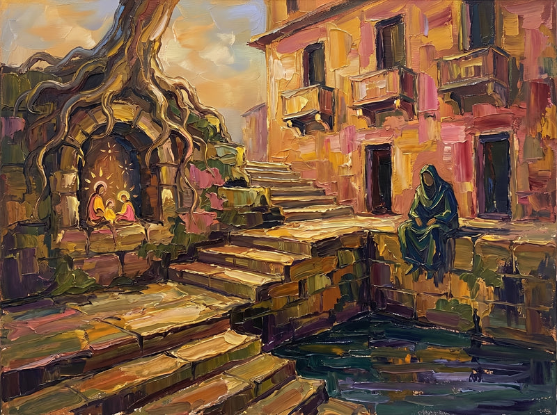 Palette-knife oil painting of a Vrindavan corner, a peepal-root-wrapped shrine lit gold with two small Radha-Krishna deities, worn stone steps by an ochre building and a veiled woman resting beside a green pool