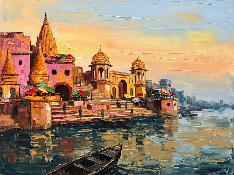 Palette-knife oil painting of a Vrindavan ghat on the Yamuna at sunset, pink and ochre temples and twin golden domed pavilions over umbrella-shaded steps with a dark boat on golden water