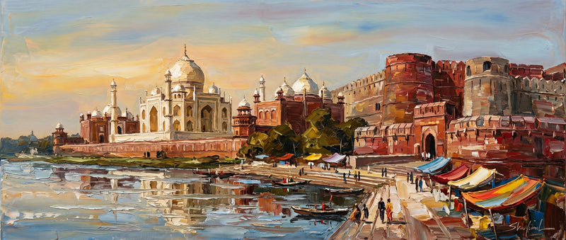 Wide palette-knife oil painting of Agra, the white Taj Mahal at left and red Agra Fort at right across the Yamuna with a riverside market of coloured tents and boats