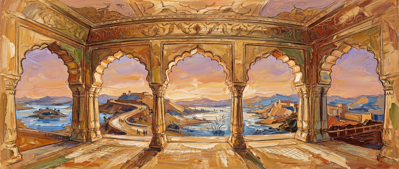 Wide palette-knife oil painting from Amber Fort, five scalloped sandstone arches framing Maota Lake with fort walls winding up the hills and distant forts under a gold sky