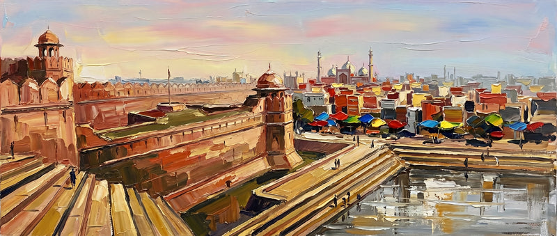 Wide palette-knife oil painting of Old Delhi from the Red Fort ramparts, red sandstone walls and lawns with the white domes of Jama Masjid over a sea of rooftops