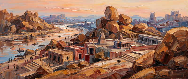 Wide palette-knife oil painting of Hampi, golden boulders and stone ruins above the silver Tungabhadra river with distant gopurams and hills under an orange sky
