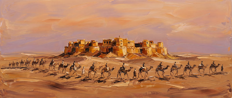 Wide palette-knife oil painting of the Thar desert, a camel caravan crossing the dunes before the golden sandstone fort of Jaisalmer with blue-grey shadows on the sand
