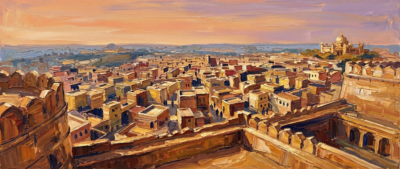 Wide palette-knife oil painting of Jodhpur, a sea of sandstone and indigo rooftops below the fort ramparts with a domed palace on the far hill under a peach sky