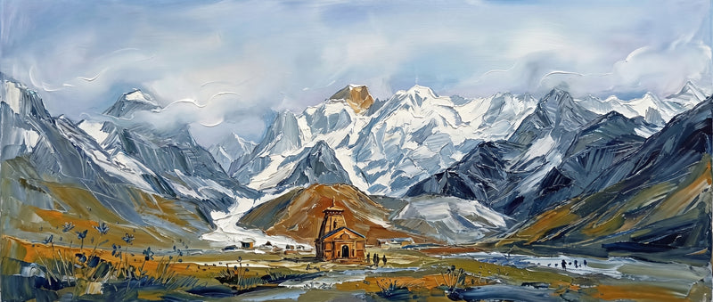 Palette-knife oil painting of Kedarnath, a lone grey stone temple on a brown ridge below the snow-capped Garhwal Himalaya with a golden meadow and small pilgrim figures