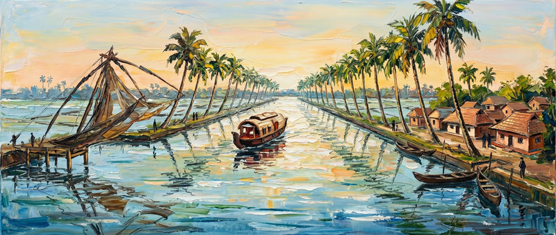 Palette-knife oil painting of the Kerala backwaters at golden hour, a houseboat on a palm-lined channel with Chinese fishing nets and a tiled-roof village reflected in teal water