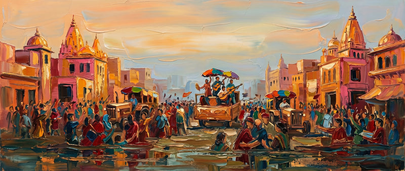 Palette-knife oil painting of a Holi celebration in Mathura, a dense crowd in red and saffron with musicians on a cart under a rainbow umbrella between ochre havelis and temple spires at sunset