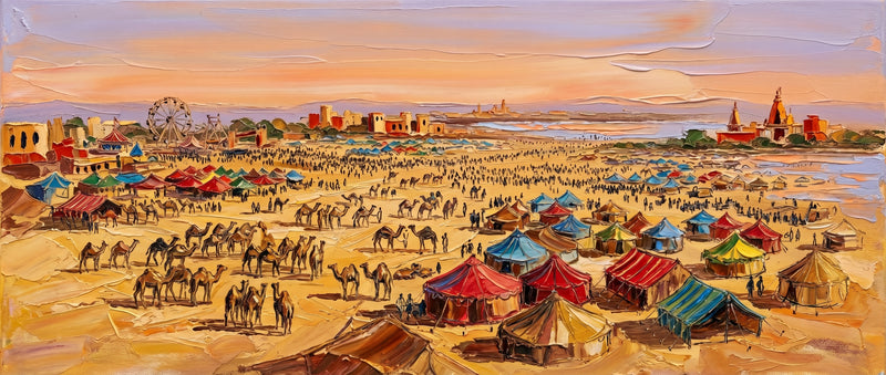 Palette-knife oil painting of the Pushkar Camel Fair at sunset, striped red and blue tents and camels across warm sand with a ferris wheel and a fort-and-temple skyline under a peach sky