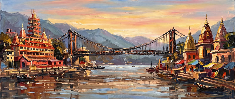 Palette-knife oil painting of Rishikesh at sunset, a suspension bridge over the Ganga between a tall red riverside temple and golden spires with mauve foothills and a peach sky