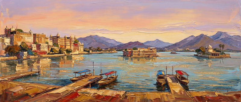 Palette-knife oil painting of Udaipur at dusk, the City Palace and white Lake Palace on a calm Lake Pichola with moored canopied boats and lilac Aravalli hills under a peach sky