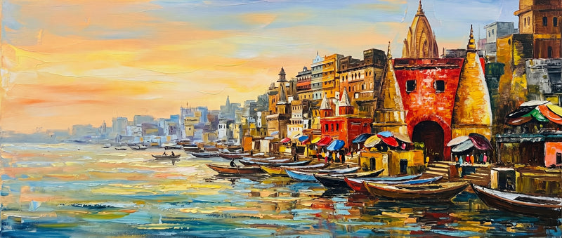 Palette-knife oil painting of Varanasi at dawn, wooden boats moored below a tall red ghat gateway and gilt spire with ochre houses and a glowing golden Ganga running to a hazy skyline