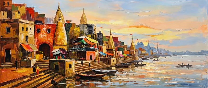 Palette-knife oil painting of the full Varanasi riverfront in golden light, stacked ochre havelis and gilt spires at left with rowboats on an open Ganga running to a hazy skyline at right